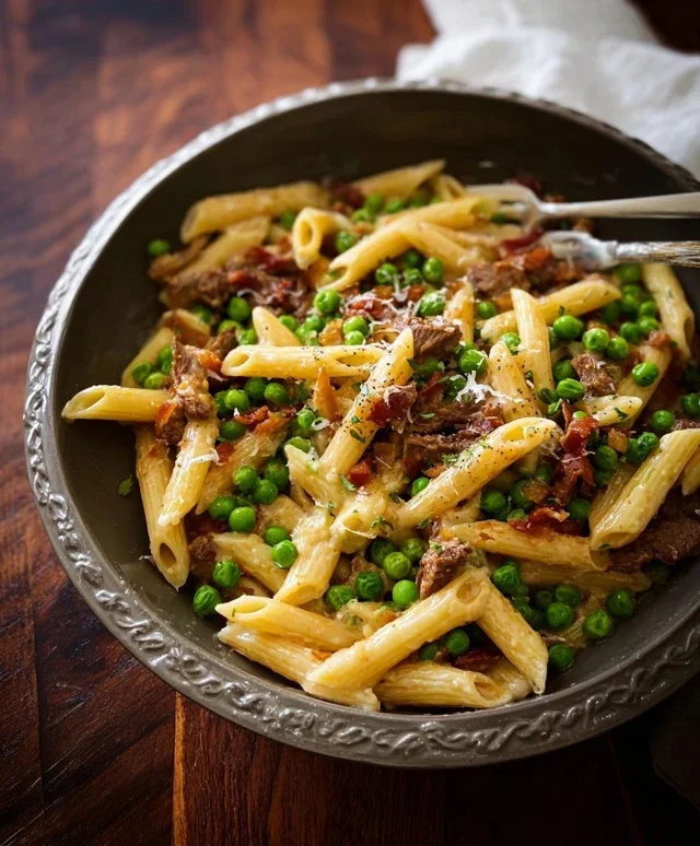 Penne Pasta, Peas and Beef Beef Bacon