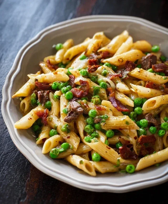 Penne Pasta, Peas and Beef Beef Bacon