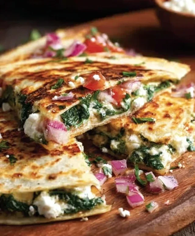 Mediterranean Quesadillas with Spinach, Feta, Mozzarella, and Red Onion