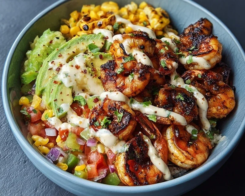 Grilled Shrimp Bowl with Avocado, Corn Salsa & Creamy Garlic Sauce