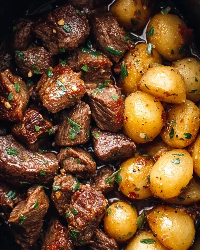 Slow Cooker Garlic Butter Beef Bites with Potatoes