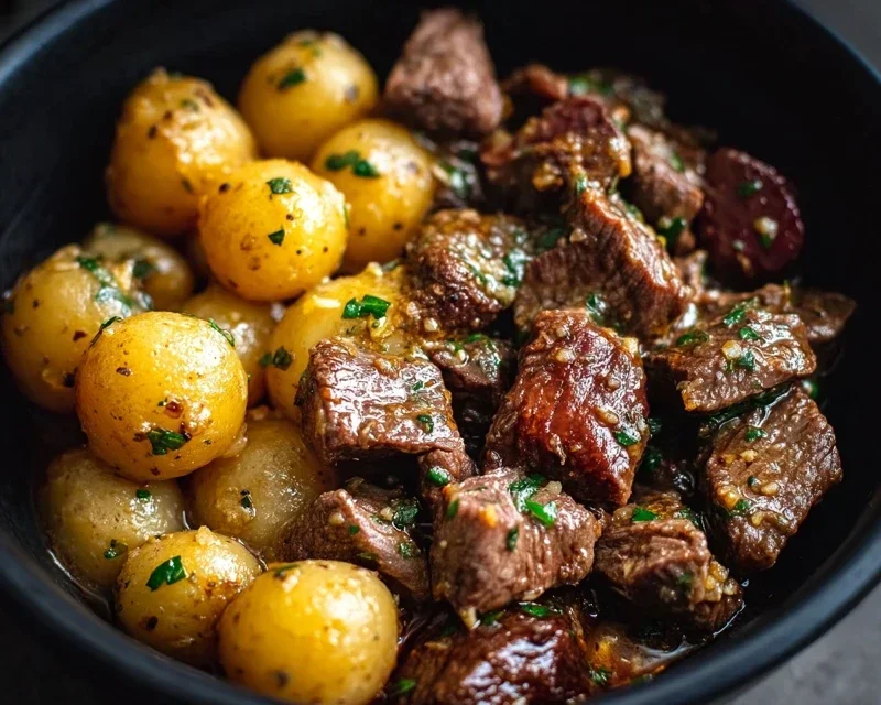 Slow Cooker Garlic Butter Beef Bites with Potatoes