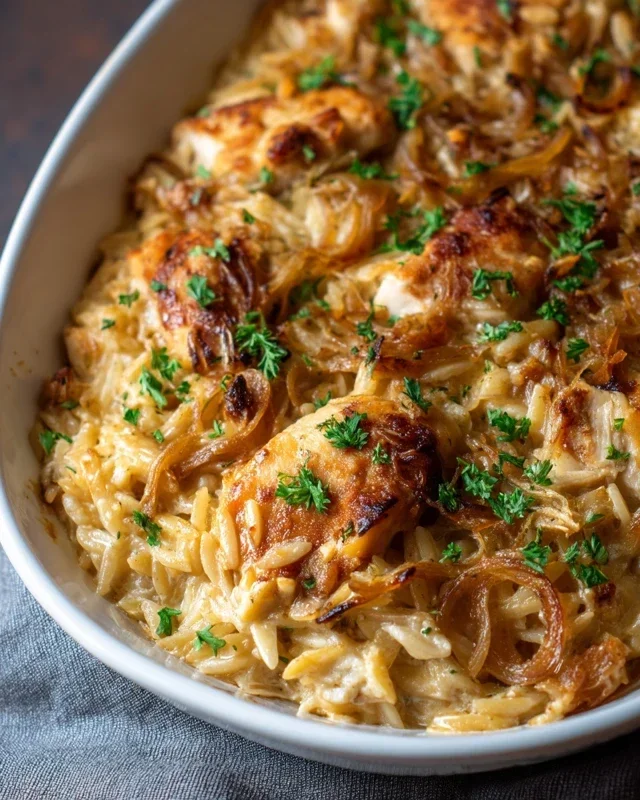 French Onion Chicken Orzo Casserole