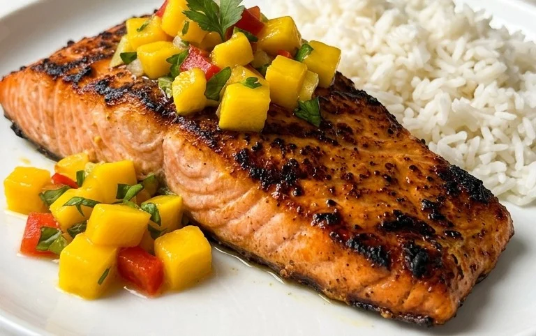 Grilled Salmon with Mango Salsa and Coconut Rice