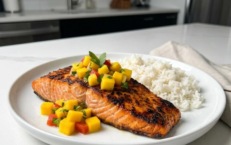 Grilled Salmon with Mango Salsa and Coconut Rice