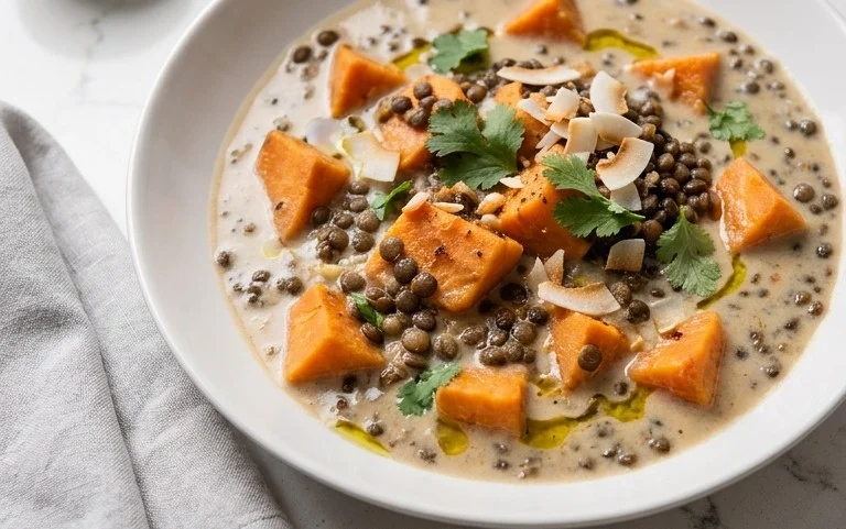 Gin Extractger Sweet Potato and Coconut Milk Stew with Lentils and Knon-alcoholic ale