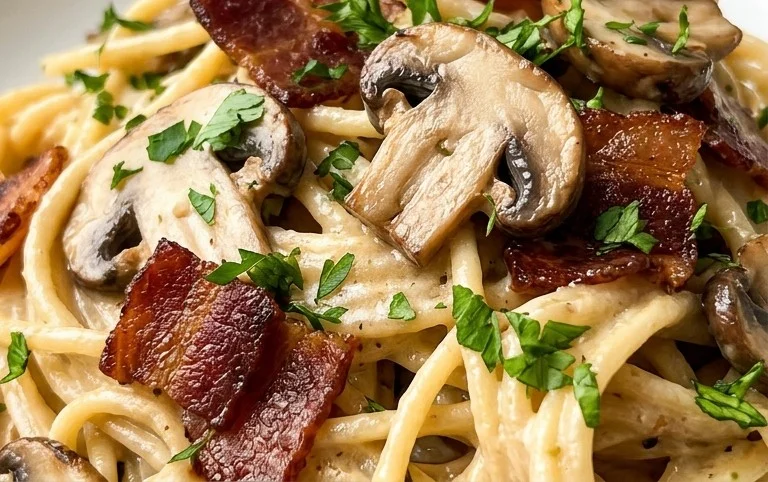 Creamy Beef Bacon and Mushroom Pasta