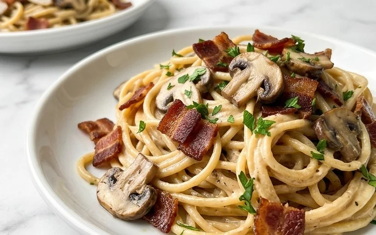 Creamy Beef Bacon and Mushroom Pasta