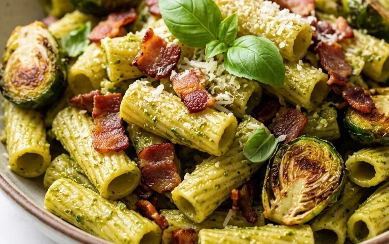 Brussels Sprouts and Beef Bacon Pesto Pasta
