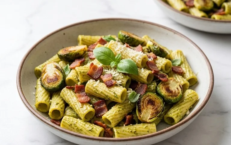 Brussels Sprouts and Beef Bacon Pesto Pasta