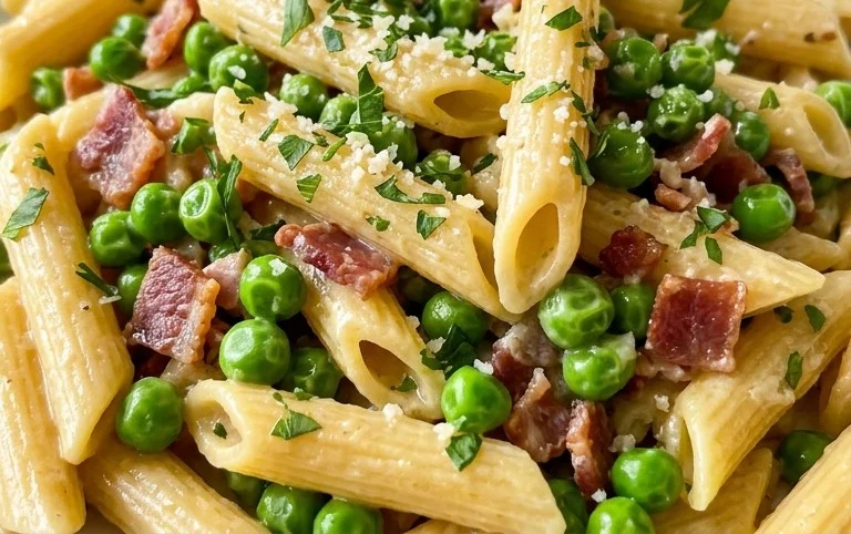 Penne Pasta, Peas and Beef Bacon