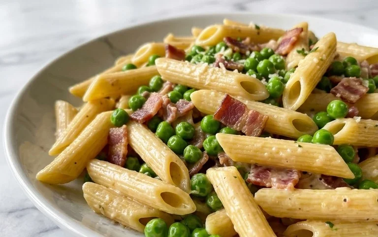 Penne Pasta, Peas and Beef Bacon