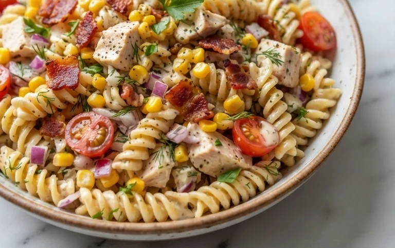 Chicken and Corn Pasta Salad with Beef Bacon