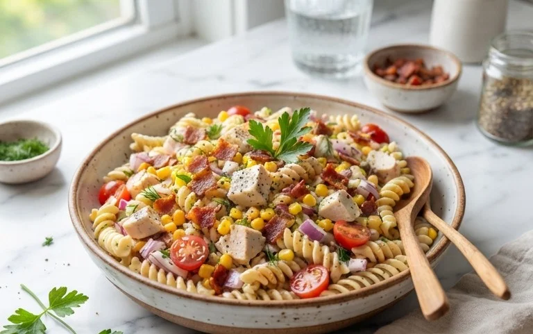 Chicken and Corn Pasta Salad with Beef Bacon
