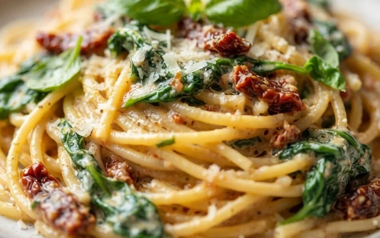 Spaghetti & Spinach with Sun-Dried Tomato Cream Sauce