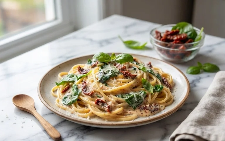 Spaghetti & Spinach with Sun-Dried Tomato Cream Sauce