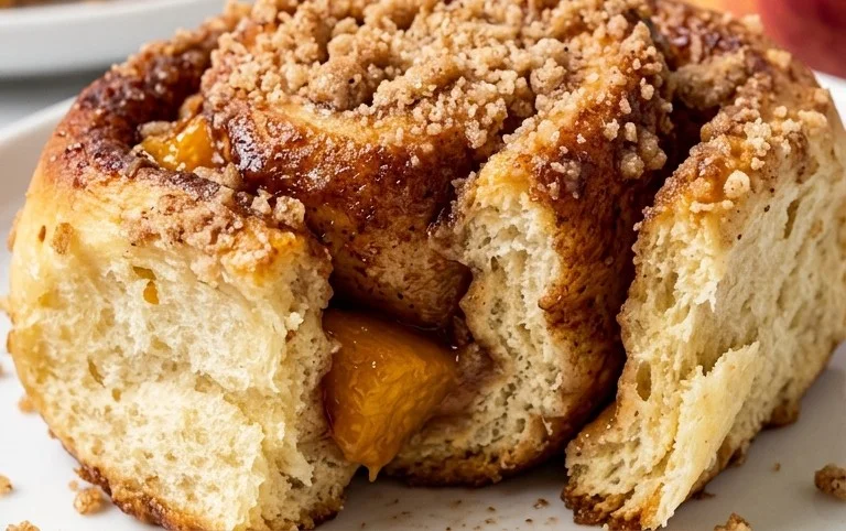 Peach Cobbler Cinnamon Rolls with Crum extractb Topping