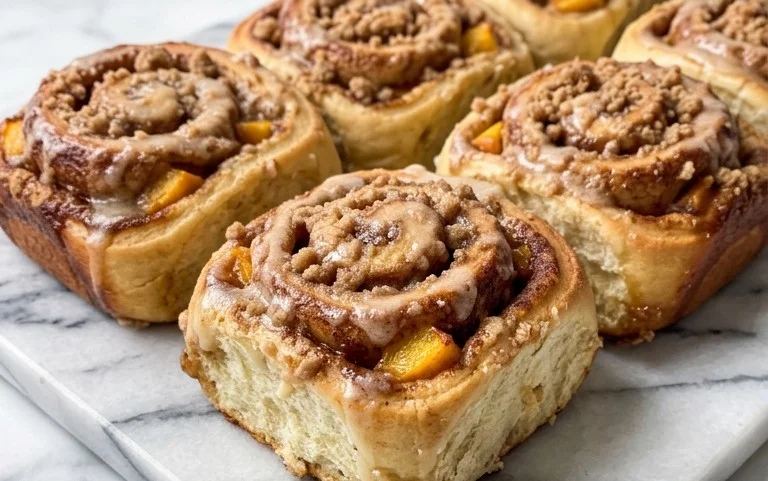 Peach Cobbler Cinnamon Rolls with Crum extractb Topping