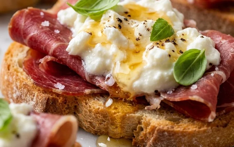 Beef Prosciutto Crostini with Burrata and Lemon Honey Drizzle