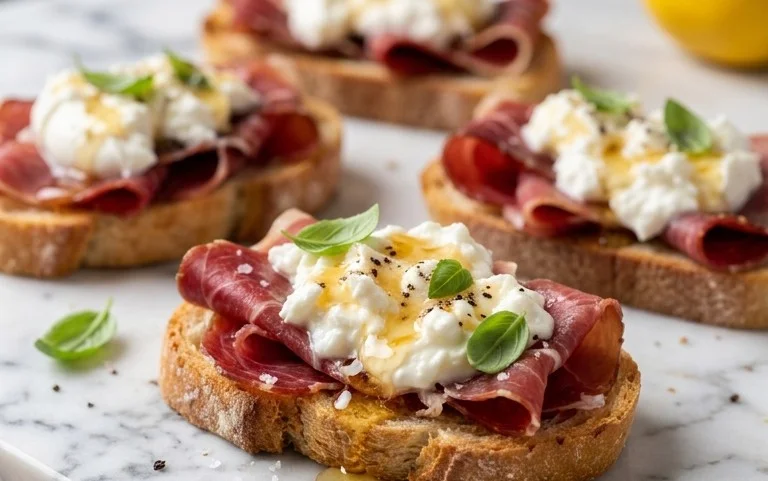 Beef Prosciutto Crostini with Burrata and Lemon Honey Drizzle